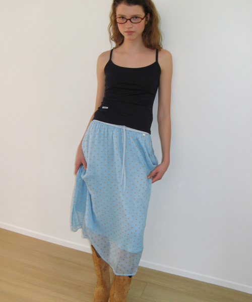 SHEER PATTERN STRING LONG SKIRT DOT BLUE