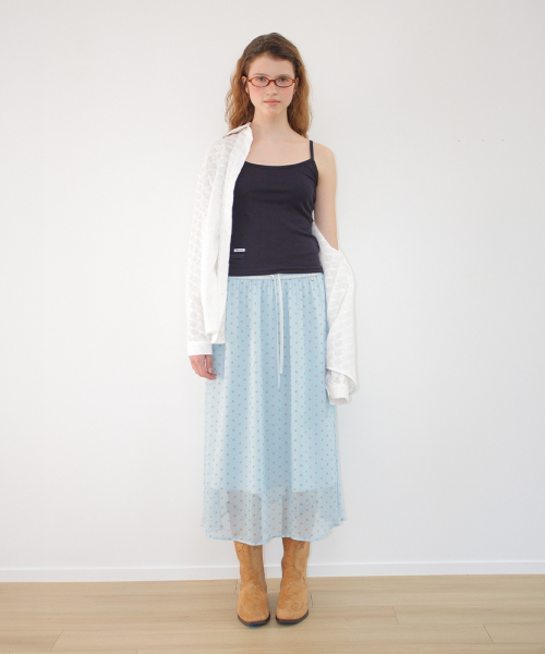 SHEER PATTERN STRING LONG SKIRT DOT BLUE