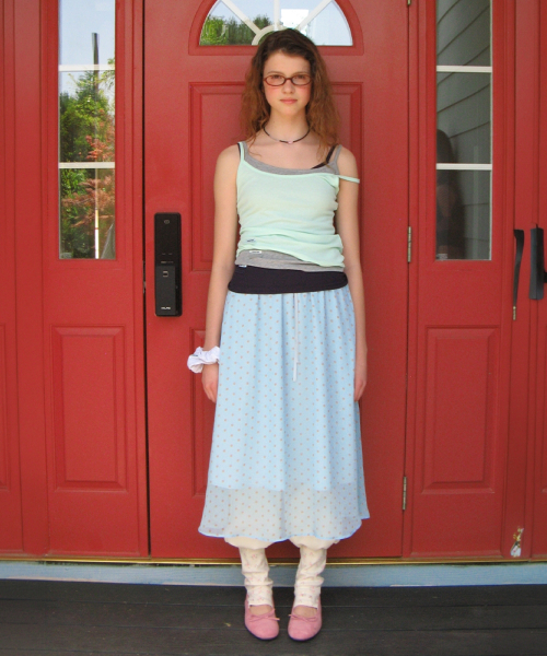 SHEER PATTERN STRING LONG SKIRT DOT BLUE