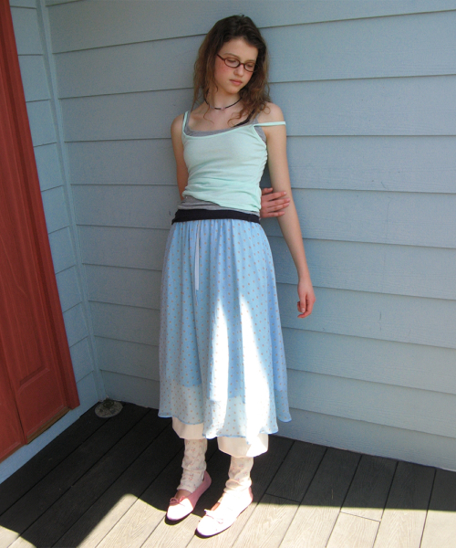 SHEER PATTERN STRING LONG SKIRT DOT BLUE