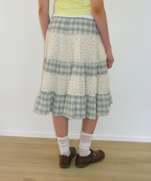 FLORAL CHECK PATCHWORK MID SKIRT GREEN