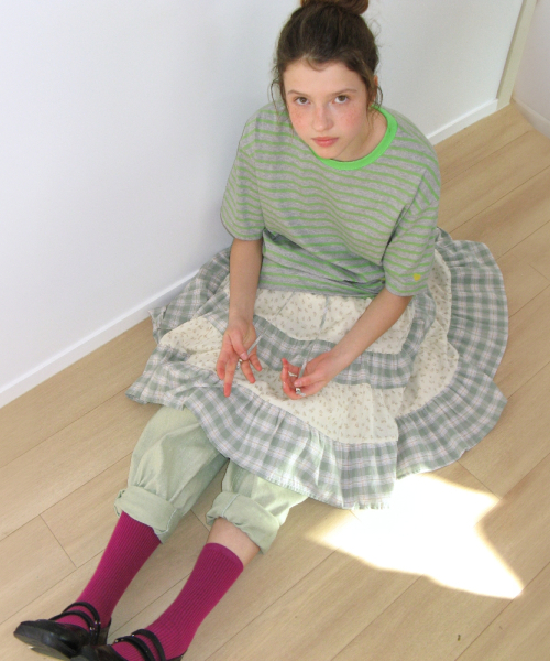 FLORAL CHECK PATCHWORK MID SKIRT GREEN