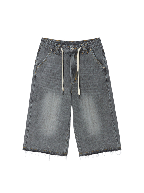 STRING CAPRI DENIM PANTS GREY