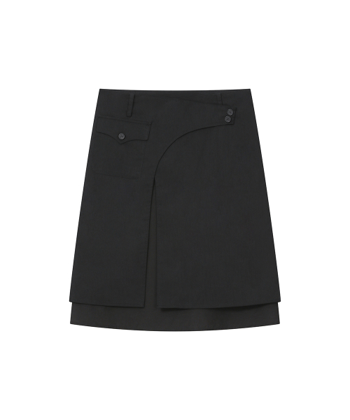 Side sheer layered midi wrap skirt BLACK