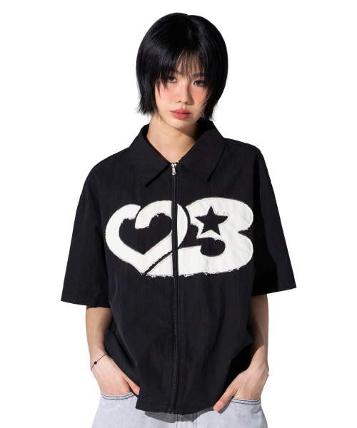 XTS044 러버 아플리케 크롭 셔츠 (BLACK)