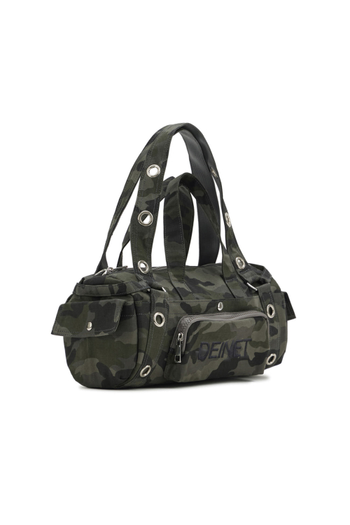 EYELET CAMOUFLAGE MINI DUFFLE BAG IN CHARCOAL