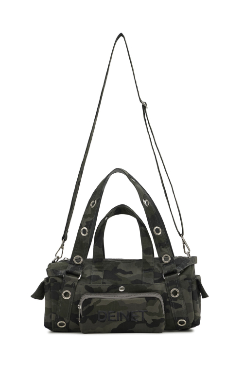 EYELET CAMOUFLAGE MINI DUFFLE BAG IN CHARCOAL