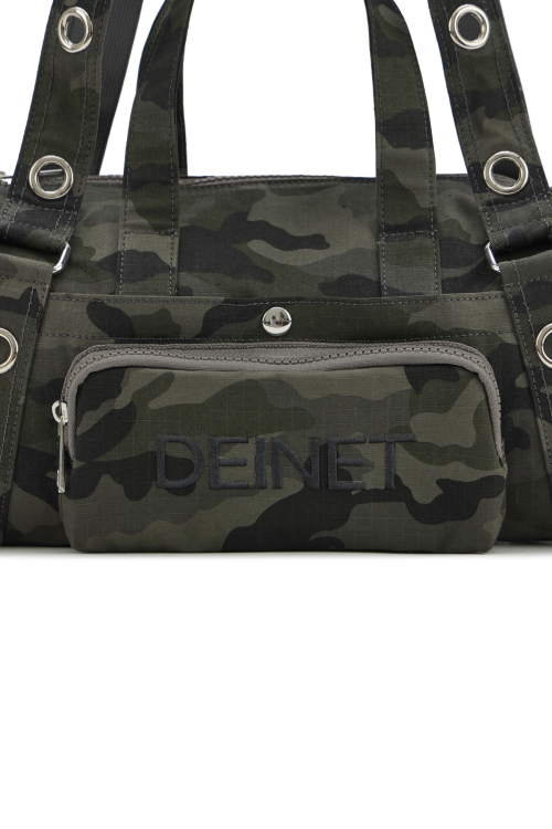 EYELET CAMOUFLAGE MINI DUFFLE BAG IN CHARCOAL