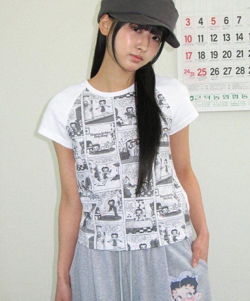 BETTY BOOP ALL OVER CARTOON RAGLAN T SHIRT WHITE