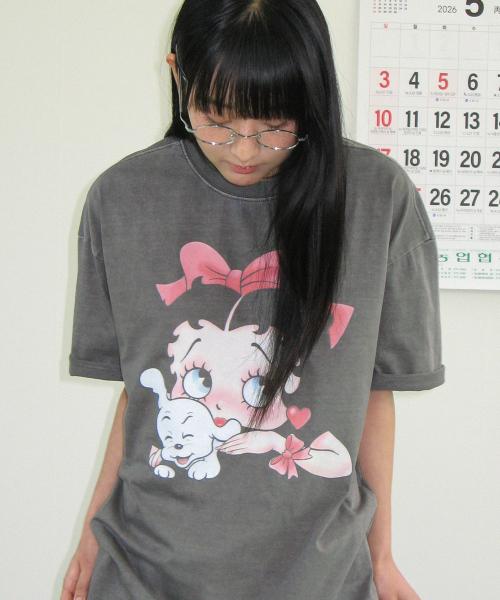 BETTY BOOP PIGMENT RIBBON OVER FIT T SHIRT CHARCOAL