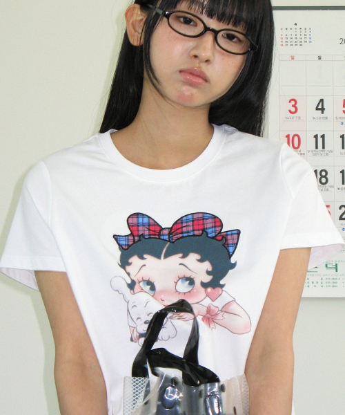 BETTY BOOP RIBBON APPLIQUE CROP T SHIRT WHITE