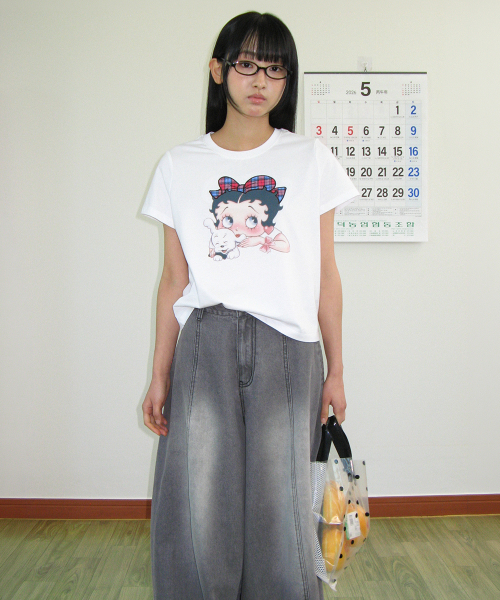 BETTY BOOP RIBBON APPLIQUE CROP T SHIRT WHITE