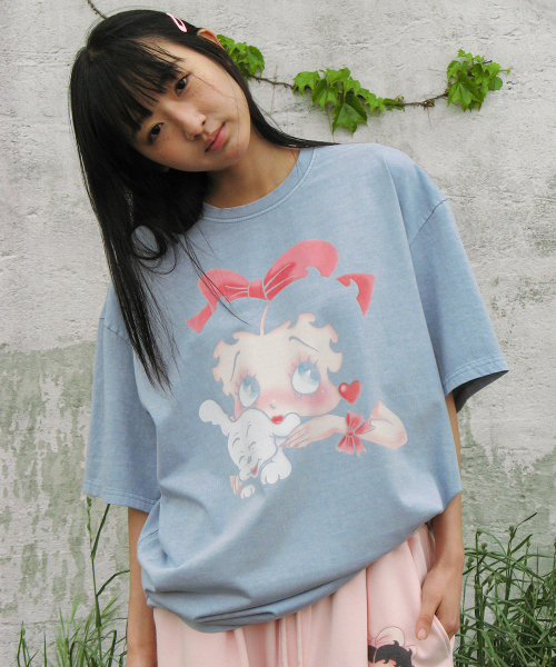 BETTY BOOP PIGMENT RIBBON OVER FIT T SHIRT SOFT BLUE