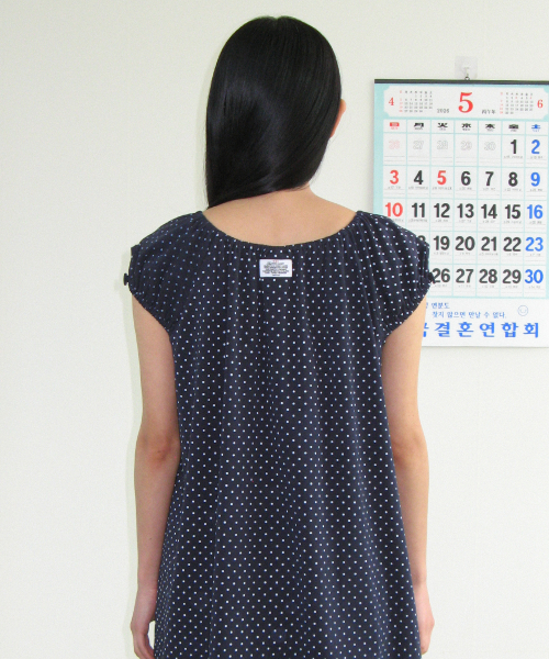 BUTTON PUFF SHIRRING DRESS NAVY DOT
