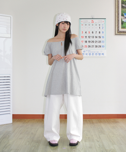 BUTTON PUFF SHIRRING DRESS GREY