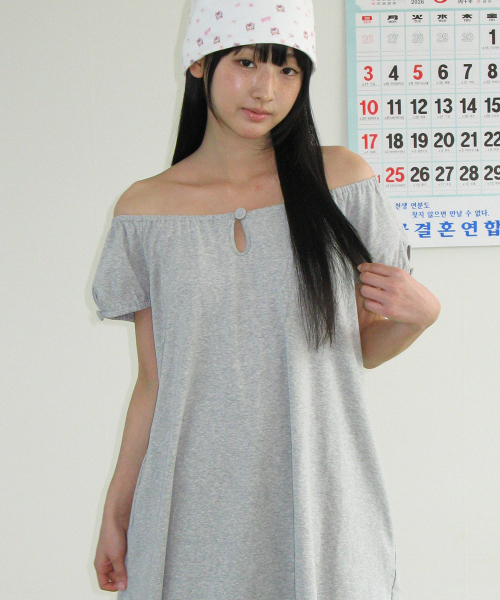 BUTTON PUFF SHIRRING DRESS GREY