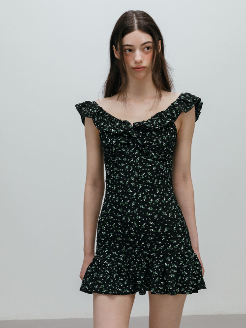 FLOWER FRILL MINI DRESS / BLACK