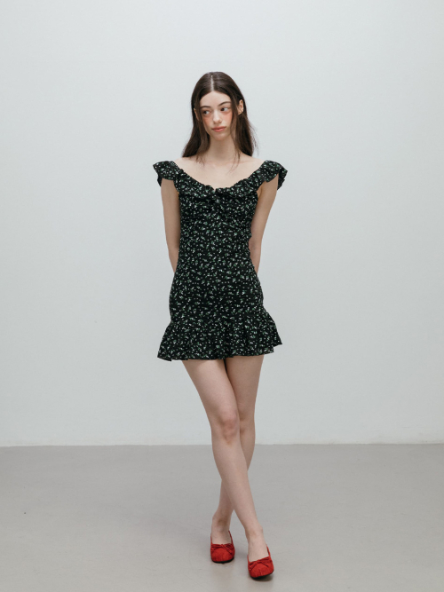 FLOWER FRILL MINI DRESS / BLACK
