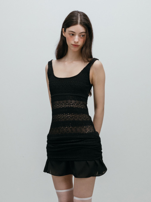 CROCHET SHIRRING MINI DRESS / BLACK