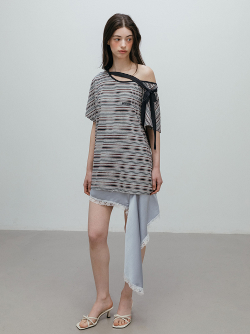 STRIPED RIBBON T-SHIRT / GREY