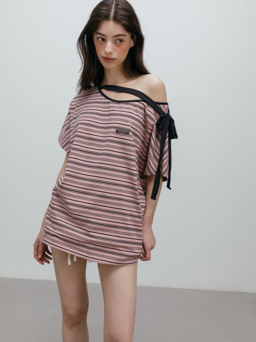 STRIPED RIBBON T-SHIRT / PINK