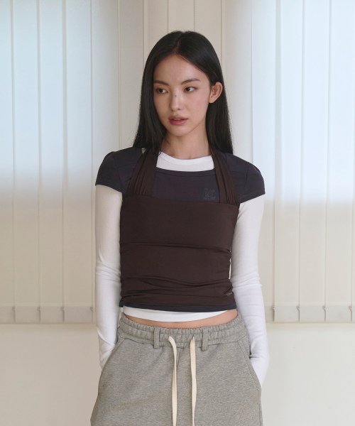Active shirring halter neck sleeveless -BROWN