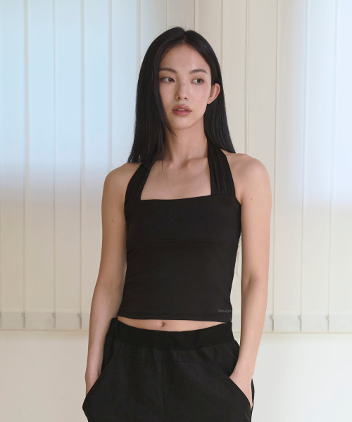 Active shirring halter neck sleeveless -BLACK