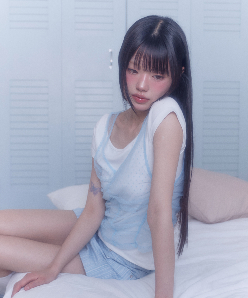 투웨이 레이스 셔링 레이어드 반팔 티셔츠 IVORY / SKY BLUE