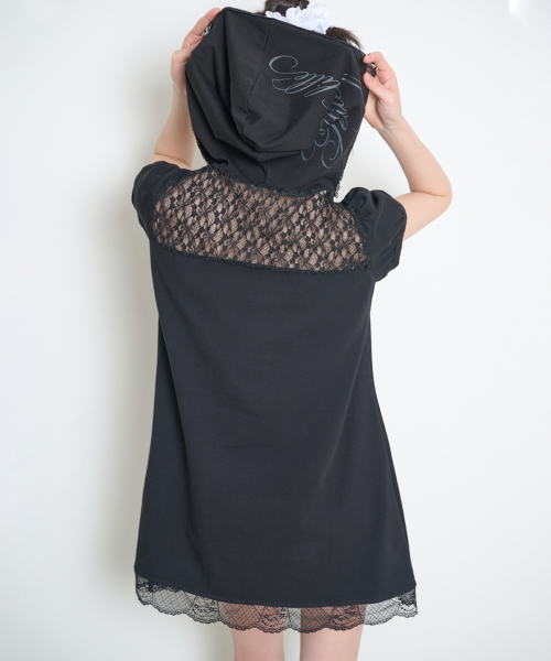 LACE HOODIE DRESS BLACK