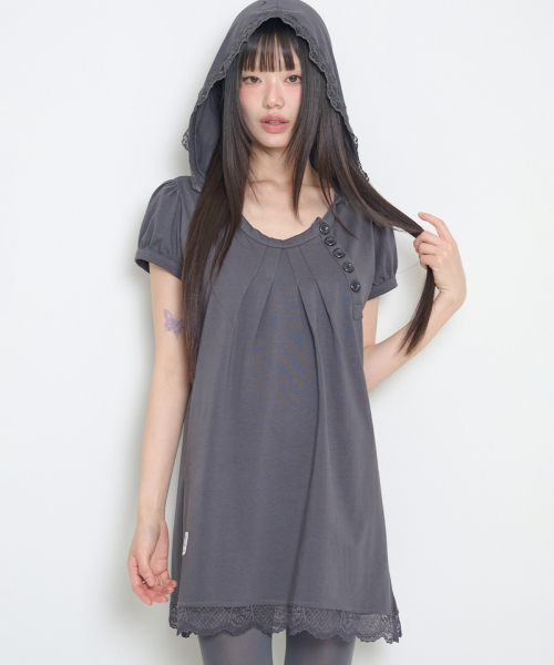 LACE HOODIE DRESS CHARCOAL