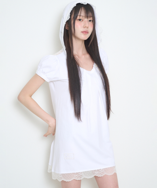 LACE HOODIE DRESS WHITE