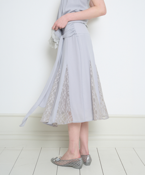BOW CHIFFON LACE SKIRT GRAY