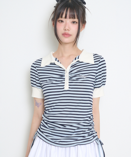 STRIPE SHIRRING COLLAR T-SHIRT SKY