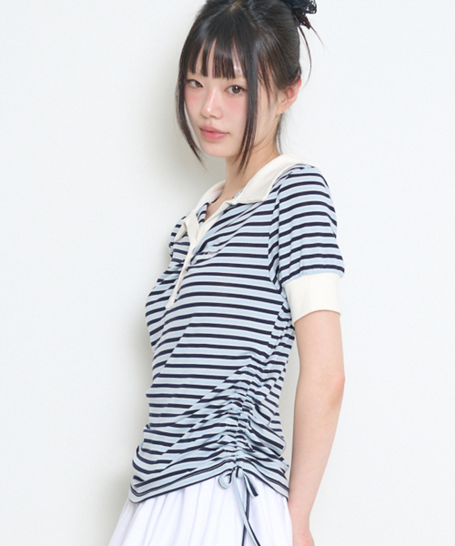 STRIPE SHIRRING COLLAR T-SHIRT SKY