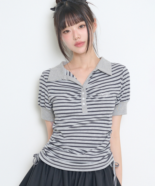 STRIPE SHIRRING COLLAR T-SHIRT CHARCOAL