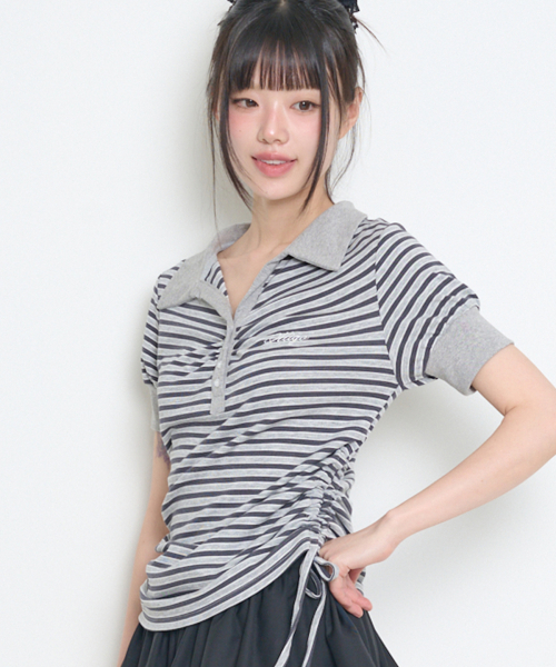 STRIPE SHIRRING COLLAR T-SHIRT CHARCOAL
