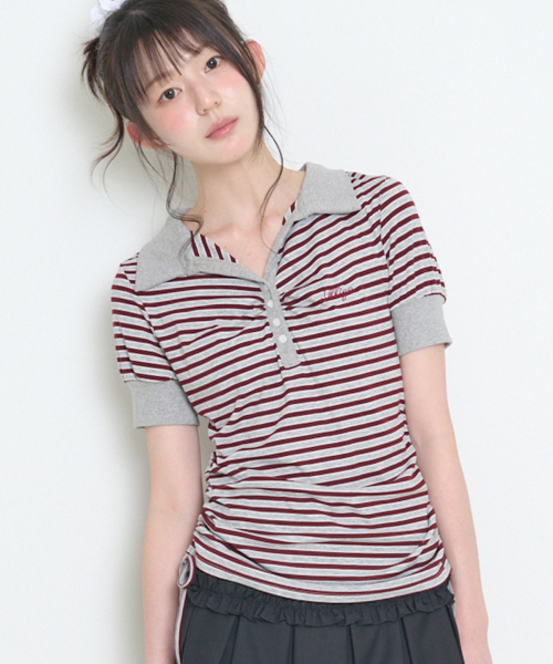 STRIPE SHIRRING COLLAR T-SHIRT BURGUNDY