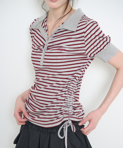 STRIPE SHIRRING COLLAR T-SHIRT BURGUNDY