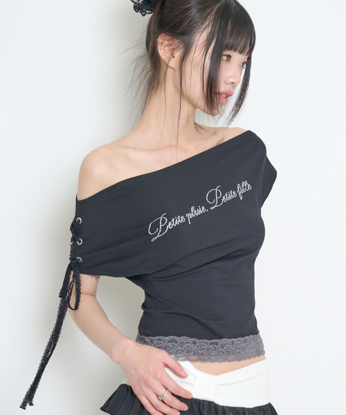 LACE TRIMMING T-SHIRT BLACK