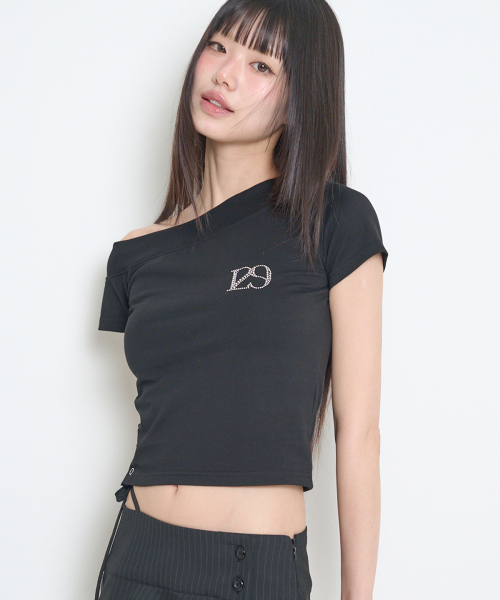 129 ONE SHOULDER HOTFIX TOP BLACK