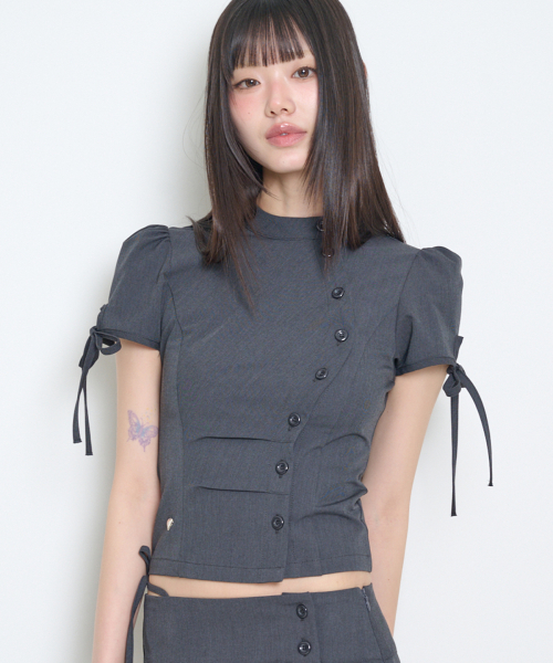 CHINA BUTTON COLLAR TOP CHARCOAL