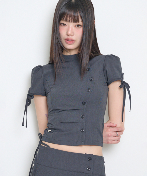 CHINA BUTTON COLLAR TOP CHARCOAL