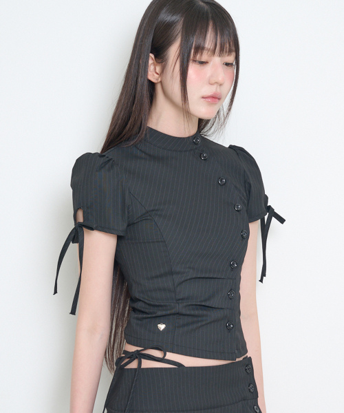 CHINA BUTTON COLLAR TOP BLACK STRIPE