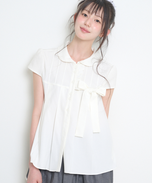 RIBBON PLEATED SHORT SLEEVE BLOUSE WHITE