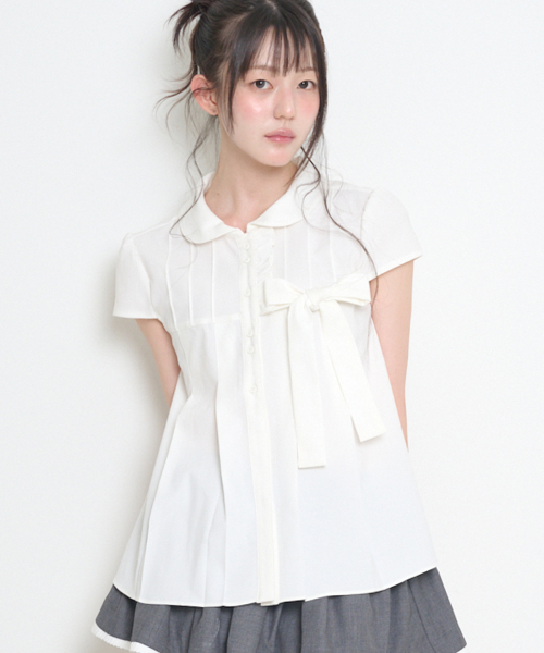 RIBBON PLEATED SHORT SLEEVE BLOUSE WHITE