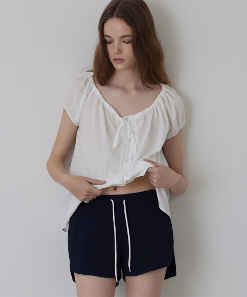 String Shirring Check Puff Blouse_Ivory_2colors