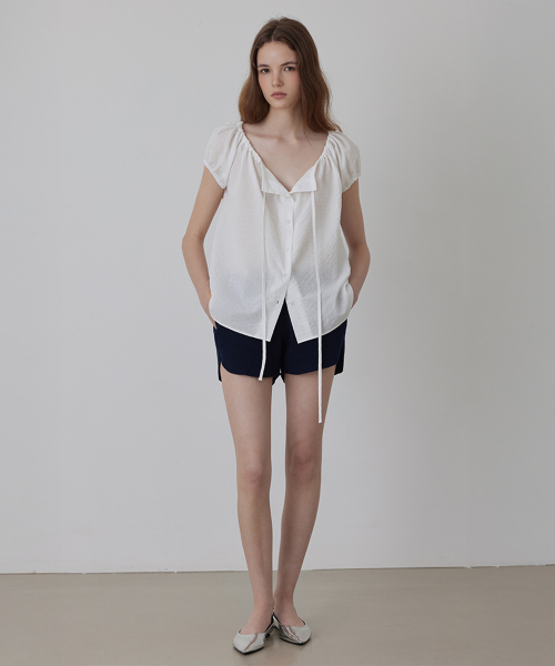 String Shirring Check Puff Blouse_Ivory_2colors