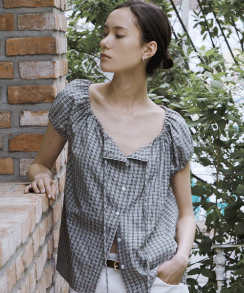 String Shirring Check Puff Blouse_Ivory_2colors