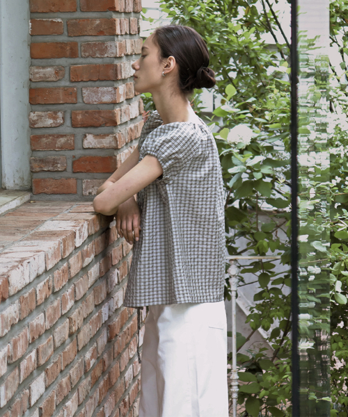 String Shirring Check Puff Blouse_Ivory_2colors