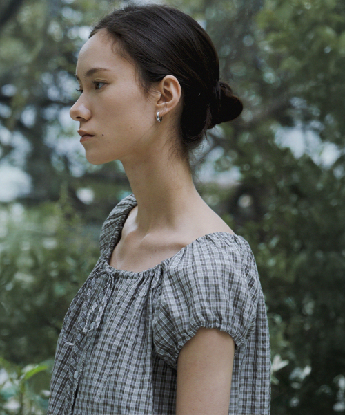String Shirring Check Puff Blouse_Ivory_2colors
